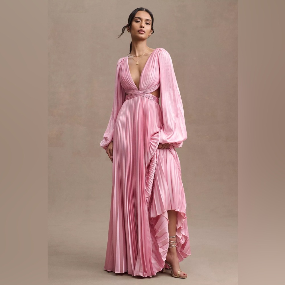 Anthropologie Mac Duggal Pleated Long-Sleeve Cutout A-Line Gown